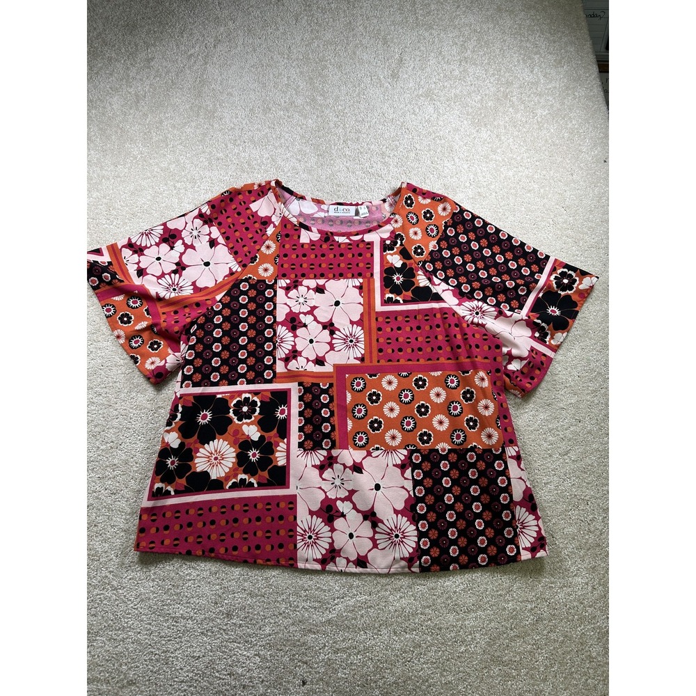 Denim & Company Shirt Womens XL Pink Orange Black Patchwork Floral Stretch Top